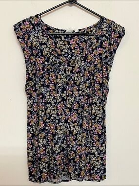 🌞 Gap Navy Blue Cap-Sleeve/Sleeveless Blouse w/Pink & Yellow Flowers women M